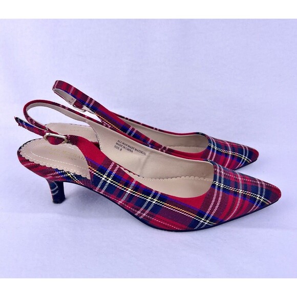 Isaac Mizrahi New York Tartan Red Plaid Slingback Kitten Heels Womens 8 Holiday - Picture 2 of 14